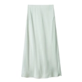 Detail shot of smooth mint green satin fabric and high waist cut of the midi skirt - Light Green