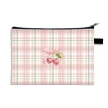 Waterproof strawberry plaid makeup bag with pink bow pattern on a white background - 02-Cherry Pink Green Plaid