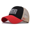 Detail of the fish silhouette American flag patch on a red and black trucker hat - Red and Black (Red+Black Flag Fish)