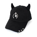 Detail of black baseball cap featuring devil horns and metal rings with a smiley pendant - Half Ring Smiley Black