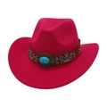 Detail of rose red felt cowboy hat with turquoise gemstone and floral embroidery - One Size / Rose Red (Brown Embroidered Leather Band)