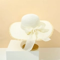 Elegant white wide-brim straw sun hat with a large ribbon bow for beach vacations - M(56-58cm) / Cream
