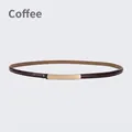 Minimalist slim leather belt for women in coffee brown with a sleek gold rectangular buckle - 105cm / Coffee