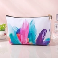 Portable waterproof PU makeup bag with vibrant colorful feather print and gold zipper - Large / Colorful Feathers