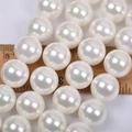 Lustrous white glass pearl beads on strand with a ruler for size reference and scale - 4mm Straight Hole/Approx 100pcs Per Strand / Iridescent White