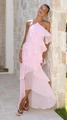 Elegant pale pink halter chiffon dress with tiered ruffles and asymmetric hemline - Light Pink