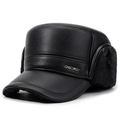 Men's winter black faux leather flat top hat with warm fleece lining and ear flaps - One Size / Black