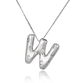Detail of silver letter W pendant with micro-paved cubic zirconia on a box chain - Letter W