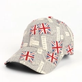 Detailed view of grey baseball cap featuring Union Jack graffiti and British style typography - Adjustable / Gray