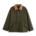 Detail of army green canvas work jacket with brown corduroy collar and button pockets - S / Army Green
