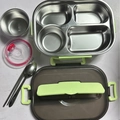 Light green 4-compartment 304 stainless steel lunch box set with soup bowl and utensils - Green 4-Compartment 1.5L with Soup Bowl (No Cutlery)