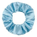 Macro detail of sky blue satin scrunchie showing glossy texture and elastic fabric pleats - Lake Blue