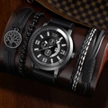 Mens business quartz watch set featuring black dial and multi-layer braided leather bracelets - Black and White Set
