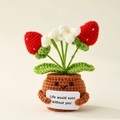 Detail of handmade crochet strawberry plant in pot with positive message card - Positive Potted-Double Head Strawberry