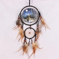 Indian style dream catcher with wolf head print, brown feathers and wooden beads - Wolf Head Multi-Ring Style (MS8084B)