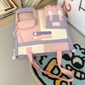 Pink and purple patchwork school backpack with multi-pocket nylon canvas design - Shoulder Bag / Purple