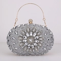 Silver rhinestone evening clutch bag with crystal flower pattern and gold handle - Silver