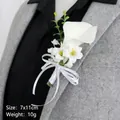 White PU calla lily wedding boutonniere with ribbon and green leaf accents, 7x11cm - Calla Lily Boutonniere Style 4