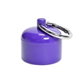 Detail of purple round storage box with a silver metal carabiner keychain hook - OPP Bag Packaging / Purple