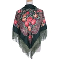 Ethnic paisley floral shawl with tassels in dark green, retro printed large square wrap - Army Green