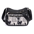 Borsa a tracolla in nylon nero con stampa etnica di elefante e tasche multiple a zip - Motivo Elefante