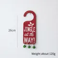 Red Christmas door hanger with white Jingle lettering and three green metal bells - Red Door Hanger Style