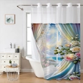 Waterproof polyester shower curtain with 3D ocean landscape and rose flower print - Blue Sea Rose - Curtain Only / 181x188cm