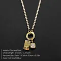 Minimalist stainless steel necklace with letter T tag and square crystal pendant in 14K gold - Letter T (XNL0116)