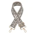Close-up of ethnic paisley jacquard bag strap with gold metal swivel snap hooks - Black Khaki