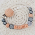 Beech wood pacifier clip with grey marble silicone beads and knit ball detail - Silver