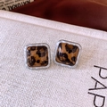 Macro detail of square leopard print acrylic earrings with matte silver metal borders - Silver Brown Square Leopard Print (WE4209)
