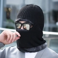 Winter-Thermo-Strickhaube in Schwarz mit Fleece-Futter und integriertem Nackenwärmer - Vertikaler Streifen ohne Krempe / Schwarz