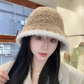 Winter plush bear bucket hat in brown and white contrast faux fur for women - Plush Fisherman-Khaki