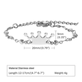 Detailed specs of stainless steel crown bracelet with heart links and sizing dimensions - BR-1448 (Heart Links) / Silver