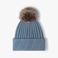 Winter knit beanie in dusty blue with a brown faux fur pom-pom and thick ribbed texture - One Size / Grey Blue