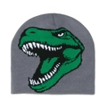 Detail of grey knitted beanie with green T-Rex dinosaur pattern on white background - M (56-58cm) / Gray