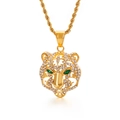 Hip-hop tiger head pendant necklace in gold finish with sparkling rhinestones and green eyes - Golden Rhinestone Leopard Head Style (KP94056)