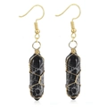 Gold wire wrapped hexagonal black crystal stone pendant drop earrings for women - Wire Wrapped Hexagonal Prism Earrings / Gold Black Stone Earrings