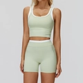 Women's light green seamless yoga set with white contrast trim high waist shorts - S / Top And Bottom (Tank Top + Shorts) / Mint Green