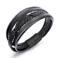 Bracciale multistrato alla moda in pelle intrecciata nera con ciondolo a piuma e chiusura magnetica - Nero
