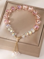 Adjustable crystal beaded bracelet with pink and iridescent faceted gems and gold accents - Pink Iridescent Faceted Crystal Bolo Bracelet (12127)