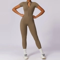 Short sleeve yoga jumpsuit in dark khaki with front zipper and high stretch fit - Camel Brown