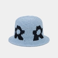 Detail of light blue knit bucket hat with handcrafted floral crochet patterns - One Size / Light Blue