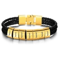 Custom black braided leather bracelet with seven gold-plated engraved charms and magnetic clasp - 19cm / 7 Names / Gold Clasp