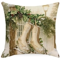 Green linen Christmas pillowcase featuring vintage skates and winter holly illustration - YMD15-12 (Vintage Skates)