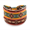 Bohemian print wide elastic headband with yellow and turquoise geometric floral patterns - Style 103