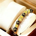Men's quartz watch with black beads, gold Pixiu charm, and engraved Chinese characters - Obsidian Pixiu Bracelet