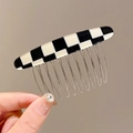 Pettine per capelli retrò a scacchi bianchi e neri in acetato con 11 denti in metallo - Scacchi Bianco Nero