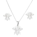 Detail view of silver hollowed bee pendant necklace and matching stud earrings jewelry set - Spider/Bee Hollow / Steel