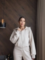 Women's beige hooded zip-up sweatshirt and joggers two-piece leisure tracksuit set - S / Apricot
